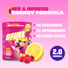 G Fuel Hype Sauce 2.0 tub back highlighting sugar-free energy and antioxidant vitamins