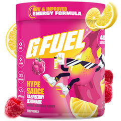 G Fuel Hype Sauce 2.0 tub front showing Raspberry Lemonade flavor for focused gaming energy