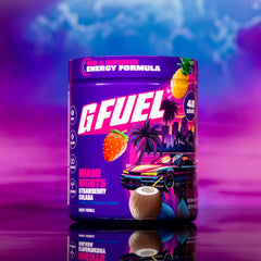 G Fuel Miami Nights 2.0 bottle label shows vitamin blend designed for daily focus