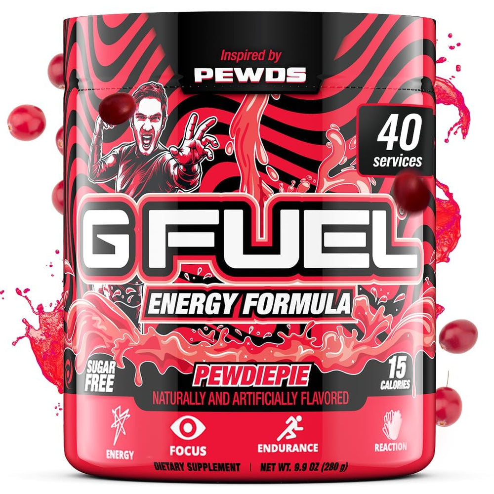 G Fuel PewDiePie energy powder tub shows sugar-free formula for focused energy.