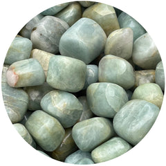 GAF Treasures Aquamarine tumbled stone closeup with polished sheen and soothing energy