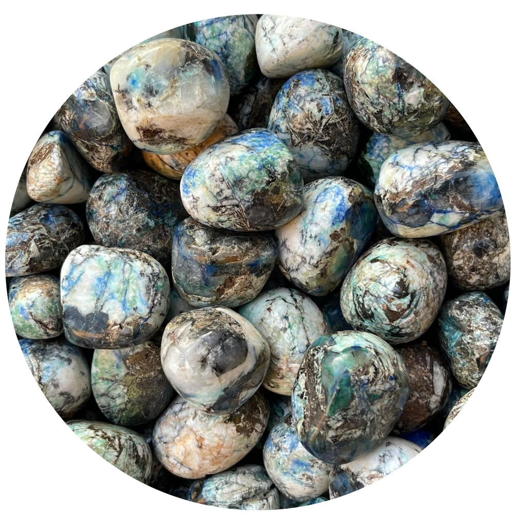 GAF TREASURES azurite malachite tumbled stones close-up for meditation and focus.