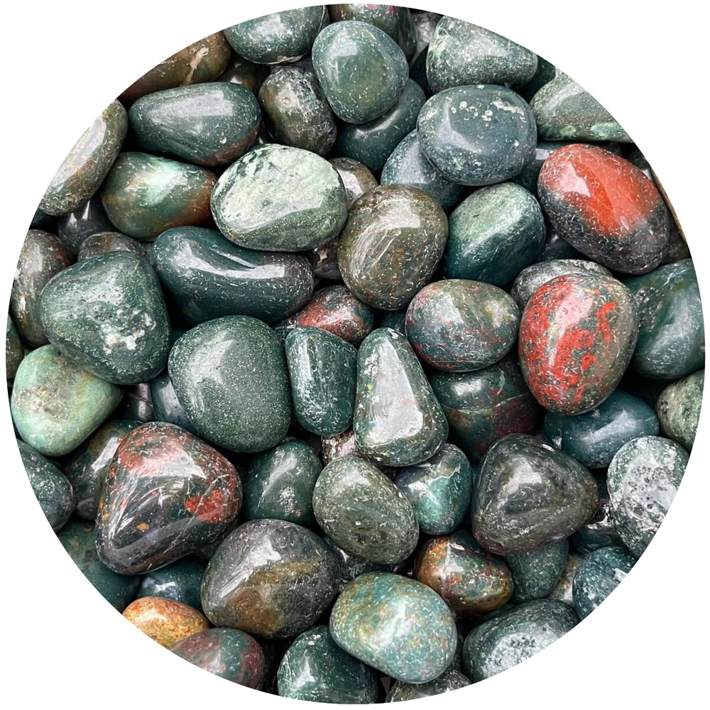 GAF TREASURES Bloodstone tumbled stones close-up for tactile focus and natural beauty