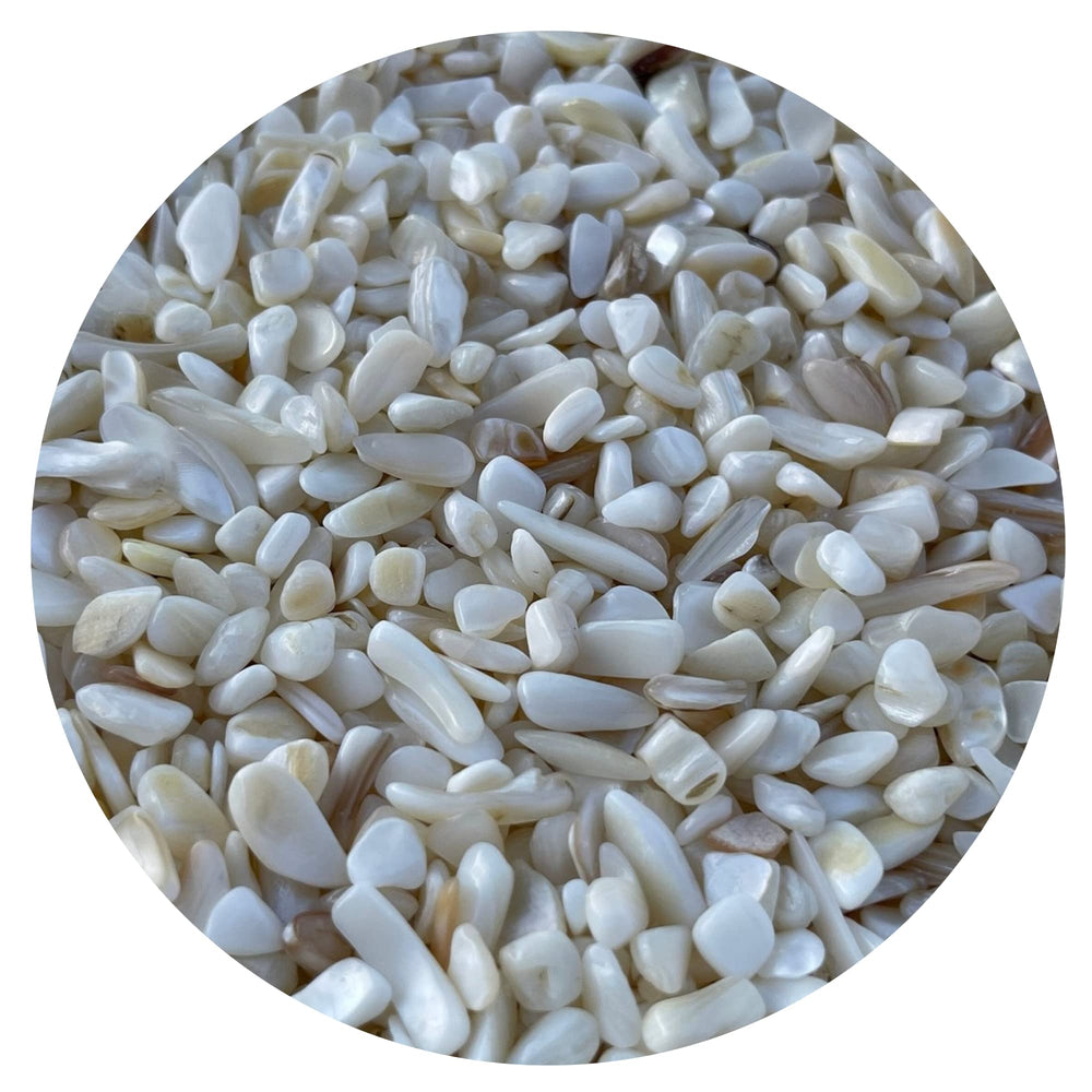 GAF TREASURES Mother of Pearl chips with a pearlescent glow for decorative jewelry and art.