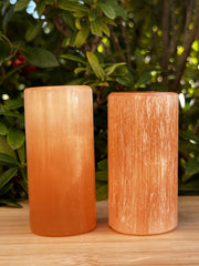 GAF Treasures orange selenite harmonizer cylinder pair, polished and ready for meditation and positive energy.