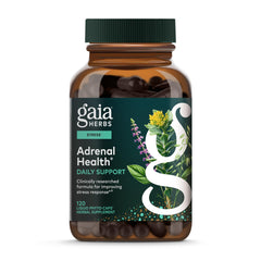 Gaia Herbs Adrenal Health bottle on shelf for daily stress support.
