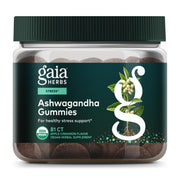 Gaia Herbs Ashwagandha Gummies pack shot highlighting cinnamon and ginger flavors for stress-friendly routine.