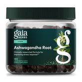 Gaia Herbs Ashwagandha Root bottle shows convenient capsules for daily stress support.