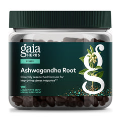 Gaia Herbs Ashwagandha Root bottle shows convenient capsules for daily stress support.