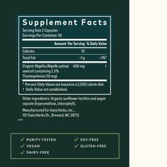 Gaia Herbs label close-up showing 10 mg thymoquinone per serving