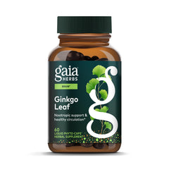 Gaia Herbs Ginkgo Leaf bottle front with 60 vegan capsules for daily brain support.