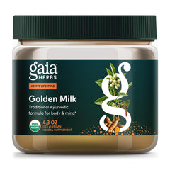 Gaia Herbs Golden Milk cup steaming for a soothing evening ritual.