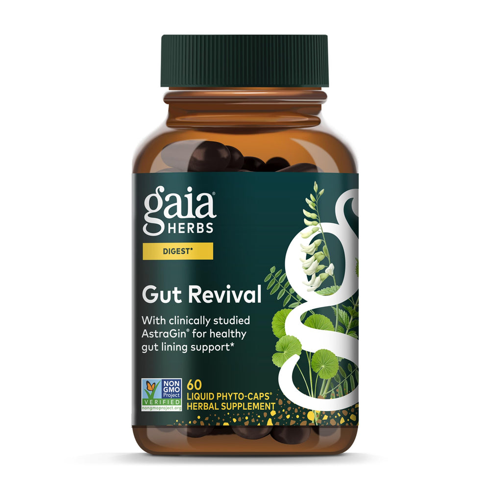 Gaia Herbs Gut Revival bottle with vegan capsules for digestive support