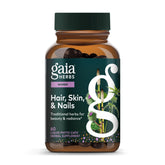 Gaia Herbs Hair, Skin & Nail bottle shows a plant-powered beauty ritual.