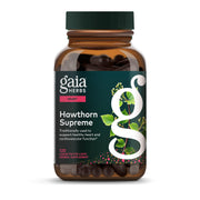 Gaia Herbs Hawthorn Supreme, botella frontal, apoyo suave para la salud cardíaca diaria.