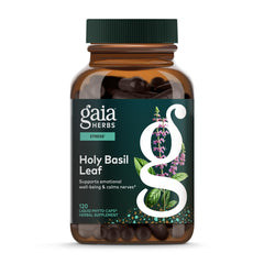 Gaia Herbs Holy Basil Leaf bottle with vegan capsules for daily support