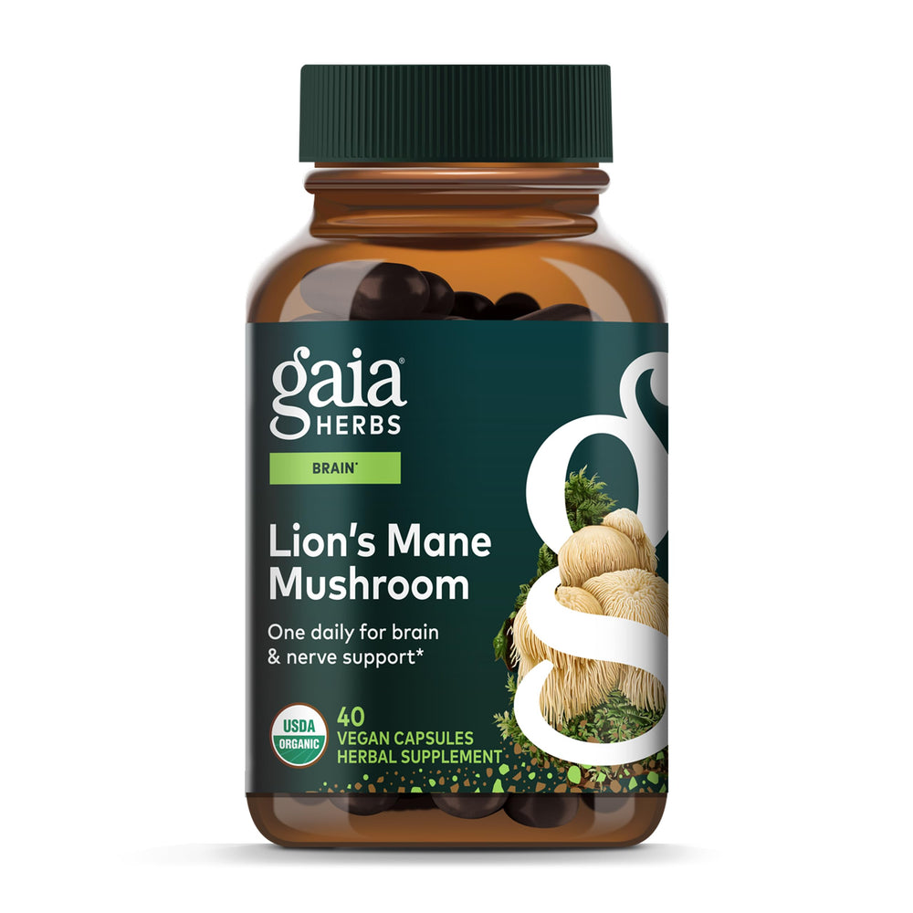 Gaia Herbs Lion's Mane capsules bottle for convenient daily brain and nerve support.