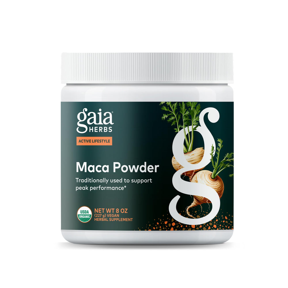Gaia Herbs Maca Powder bottle highlights organic maca for steady daily energy