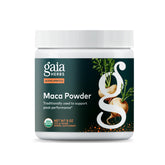 Gaia Herbs Maca Powder bottle highlights organic maca for steady daily energy