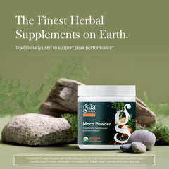 Gaia Herbs Maca Powder label closeup emphasizes vegan and gluten-free purity