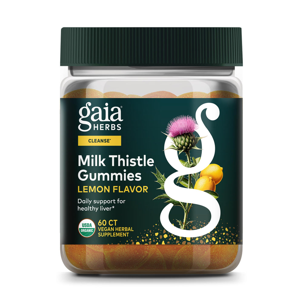 Gaia Herbs Milk Thistle Gummies bottle front for everyday wellness routine.