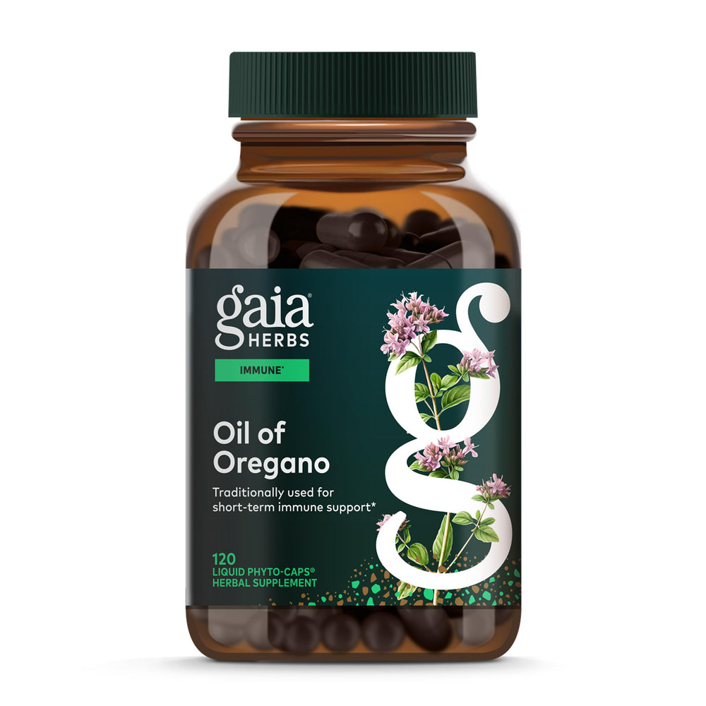 Gaia Herbs Oil of Oregano bottle front highlighting immune and antioxidant support.