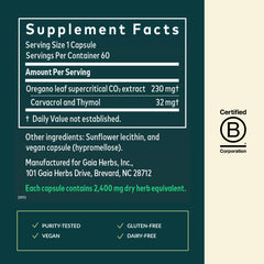 Gaia Herbs Oil of Oregano label highlighting carvacrol and thymol components.