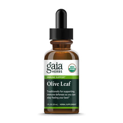 Gaia Herbs Olive Leaf Liquid Extract bottle displayed for daily use