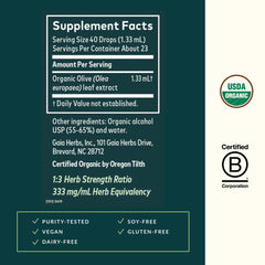 Label close-up on Gaia Herbs Olive Leaf Liquid Extract emphasizing organic quality