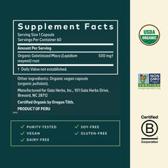 Gaia Herbs Maca Root label shows organic quality and clean ingredients.
