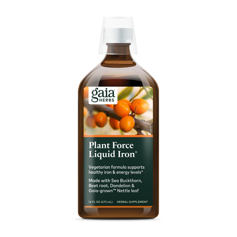 Gaia Herbs Plant Force Liquid Iron bottle shows easy vegetarian iron for daily energy support.
