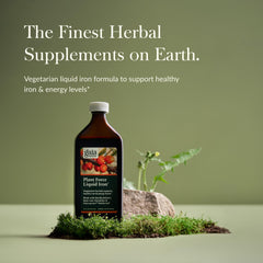Close-up of Gaia Herbs Plant Force Liquid Iron label highlights natural ingredients and clean formula.