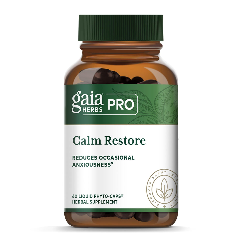 GAIA Herbs PRO Calm Restore bottle front highlighting calm support for daily ease.