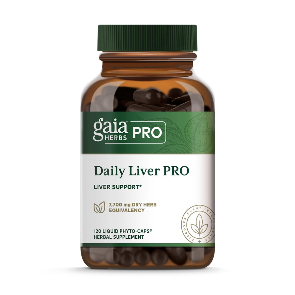 GAIA Herbs PRO Daily Liver Pro bottle front highlights milk thistle and turmeric for daily support