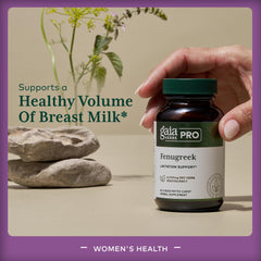 Gaia Herbs Pro Fenugreek bottle label emphasizes organic gluten-free ingredients designed for daily lactation support.