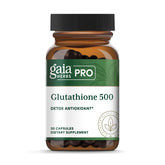 Gaia Herbs PRO Glutathione 500 bottle on kitchen counter for daily antioxidant support.