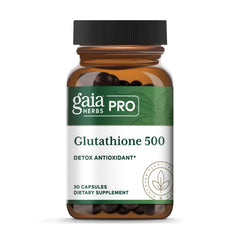 Gaia Herbs PRO Glutathione 500 bottle on kitchen counter for daily antioxidant support.
