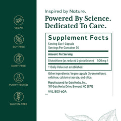 Gaia Herbs PRO Glutathione 500 capsules close-up showing vegan, gluten-free formulation for cellular health.