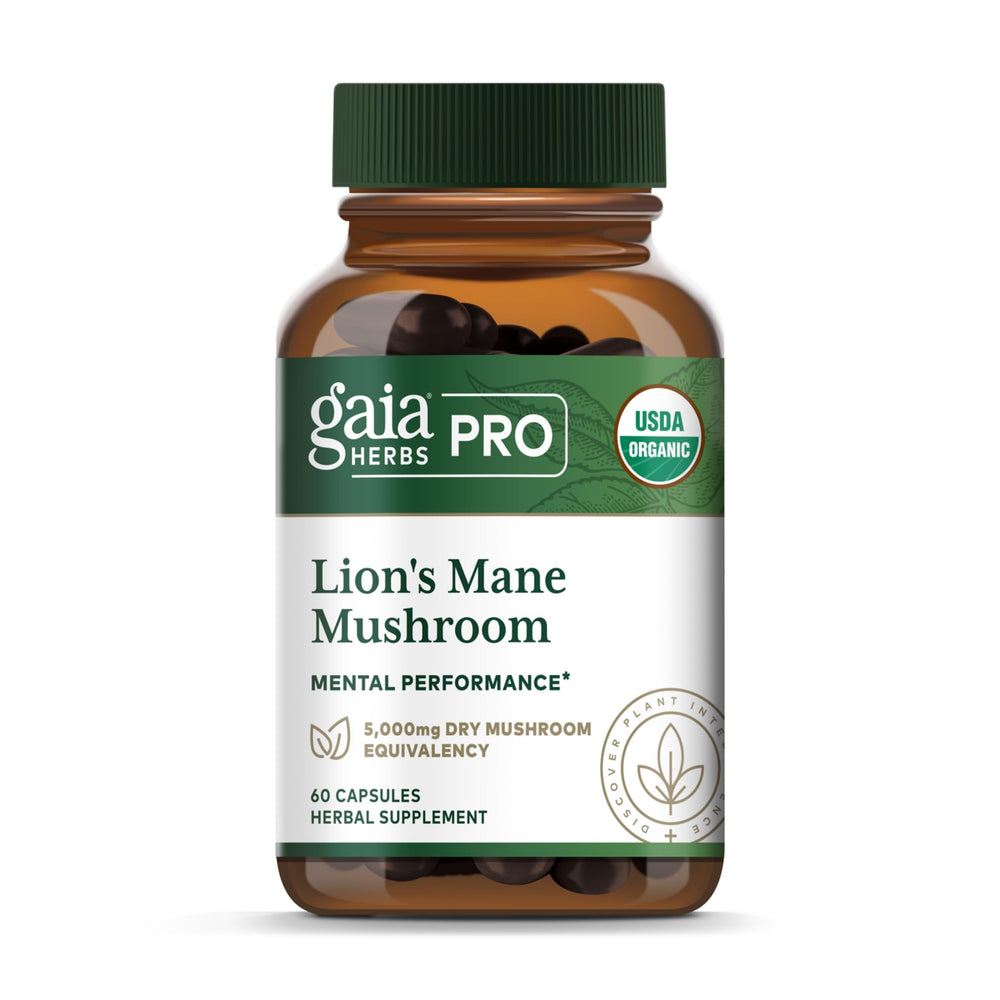 Gaia Herbs PRO Lion's Mane bottle with 60 capsules for daily cognitive support.