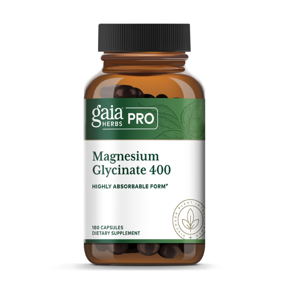 Gaia Herbs PRO Magnesium Glycinate 400mg bottle—high-absorption formula for daily wellness.