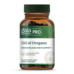 GAIA Herbs PRO Oil of Oregano bottle label with carvacrol and thymol highlighted for antioxidant support