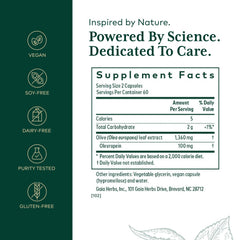 Gaia Herbs PRO Olive Leaf 1360 bottle label close-up highlights oleuropein.