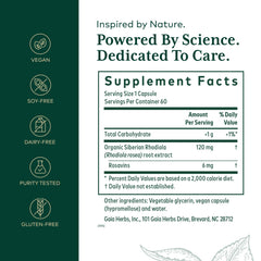 Gaia Herbs PRO Rhodiola caps close-up, vegan and soy-free energy support.