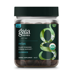 Gaia Herbs Relax Gummies bottle shown for daily calm support.