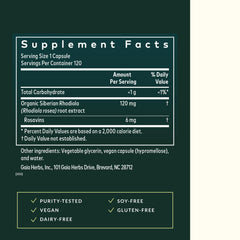 Rhodiola root extract dropper close-up with Gaia Herbs.