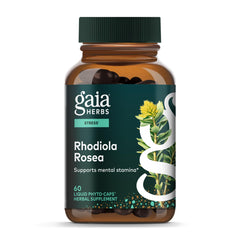 Gaia Herbs Rhodiola Rosea bottle for daily stress support on the go.
