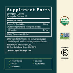 Close-up of Gaia Herbs St. John's Wort capsules highlighting daily balance.