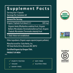 Gaia Herbs Triphala Fruit label emphasizing vegan gluten‑free formulation