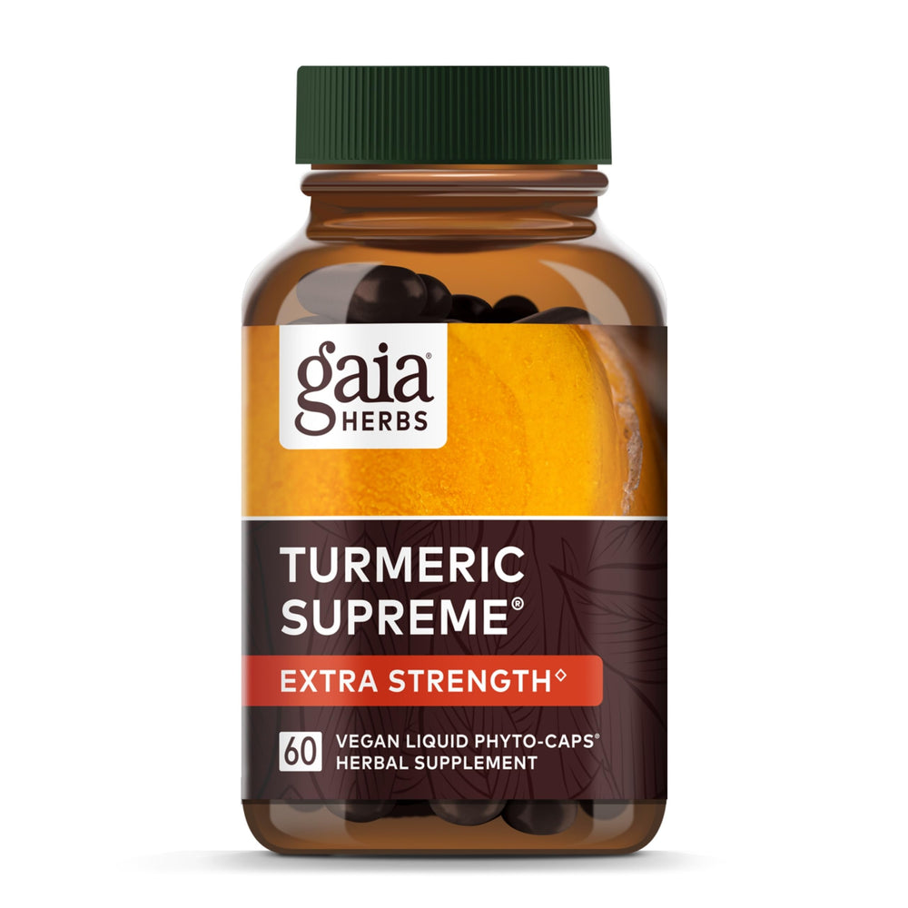 Gaia Herbs Turmeric Supreme bottle for daily mobility support and easy dosing.