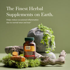 Gaia Herbs Turmeric Supreme label highlighting turmeric curcumin and black pepper blend.
